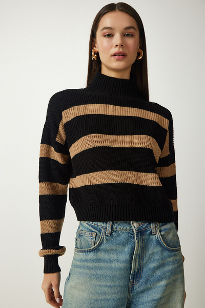 Lovelyİstanbul Pulover de tricotaj cu guler cu dungi negre - Biscuit Lza0003
