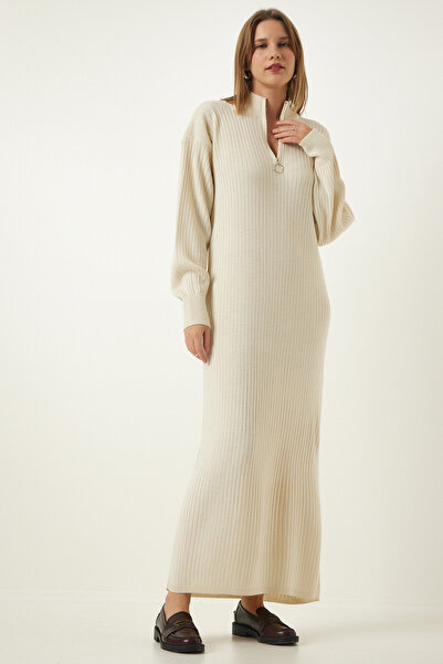 Lovelyİstanbul Fermuarlı Yaka Fitilli Uzun Triko Elbise KREM LDD0049