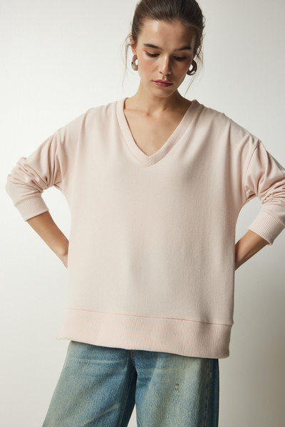 Lovelyİstanbul Yumoş Knitted V-Neck Sweater - Cream, Lub0032