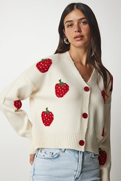 Lovelyİstanbul سترة تريكو منقوشة باللون الأحمر الكريمي - LBV0005