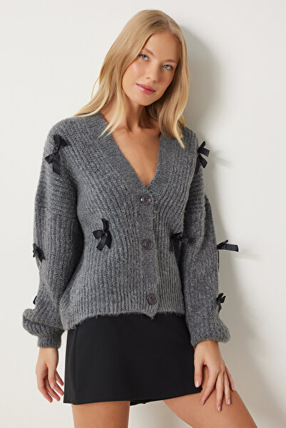 Lovelyİstanbul Bow Knitwear Cardigan Anthracite Lpf0061