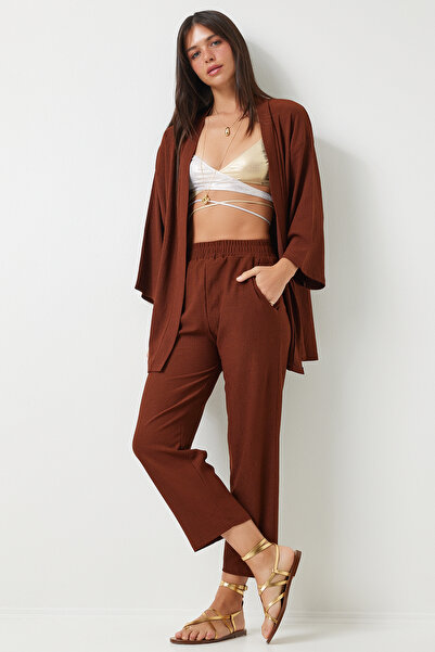 Lovelyİstanbul Brown Knitted Kimono and Trousers Set - Lby0001