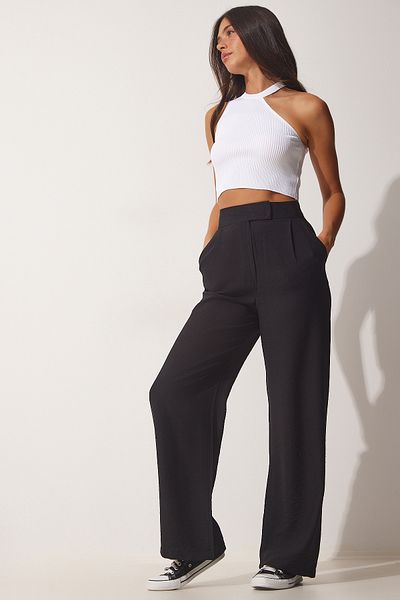 Lovelyİstanbul Flowy Linen Trousers with Velcro Closure Black Lbv0002