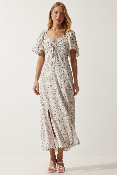 Lovelyİstanbul Slit Detailed Flounce Viscose Dress Ecru Lub0023