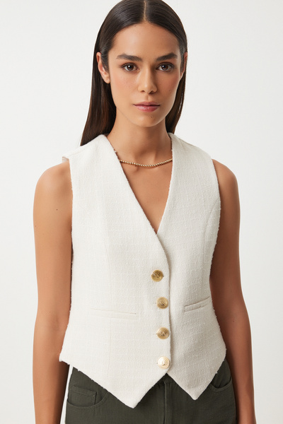 Lovelyİstanbul Жилетка от туид в цвят екрю - детайлно метално копче, Lto0010