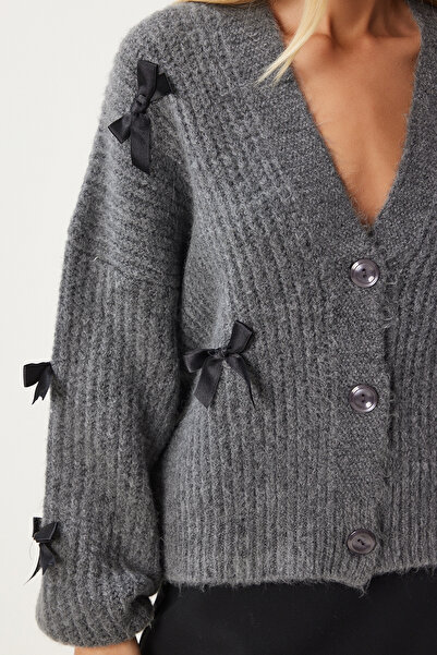 Lovelyİstanbul Bow Knitwear Cardigan Anthracite Lpf0061