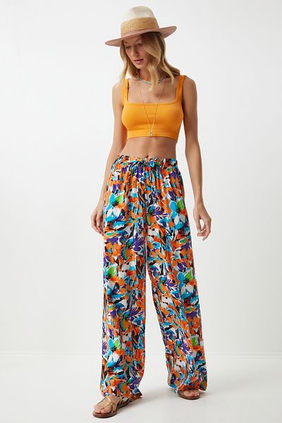 Lovelyİstanbul Pantaloni Palazzo din viscoză - cu modele, drapate, albastru deschis și portocaliu Len0003