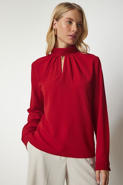 Lovelyİstanbul Red Crepe Blouse - Flowing, Window Detail, Lub0046