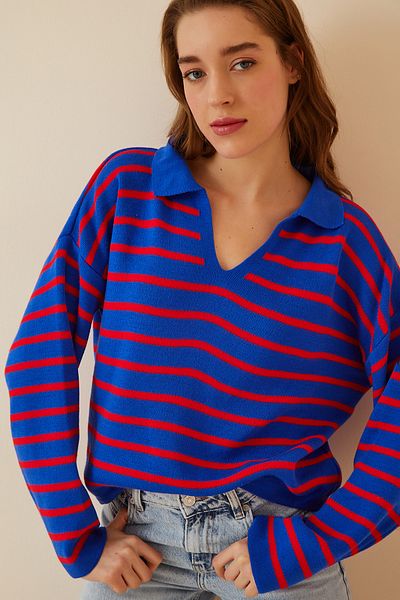 Lovelyİstanbul Pulover tricotat cu gât polo albastru roșu - LUS0005
