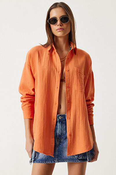 Lovelyİstanbul Cămașă oversize din muselină portocalie - Lmx0002