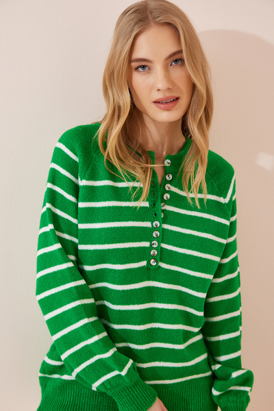 Lovelyİstanbul Live Green Buttoned Collar Sweater - Llx0002