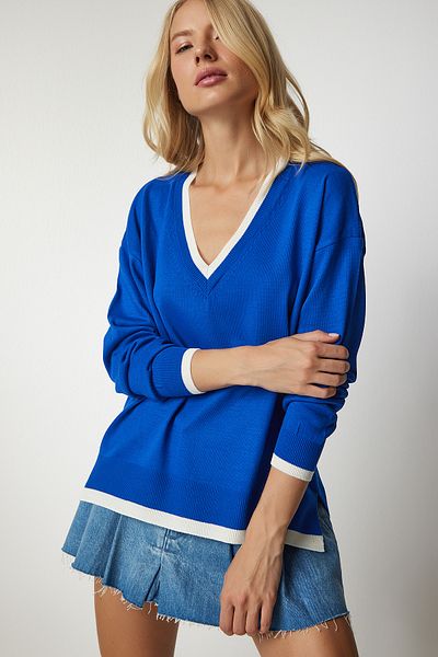 Lovelyİstanbul Pulover de tricotaj oversize albastru cu decolteu în V - Lbv0022