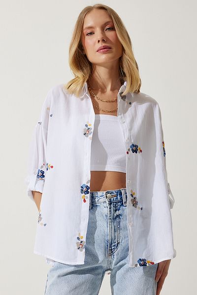 Lovelyİstanbul Cotton Floral Embroidered Shirt - Ecru Lpv0001