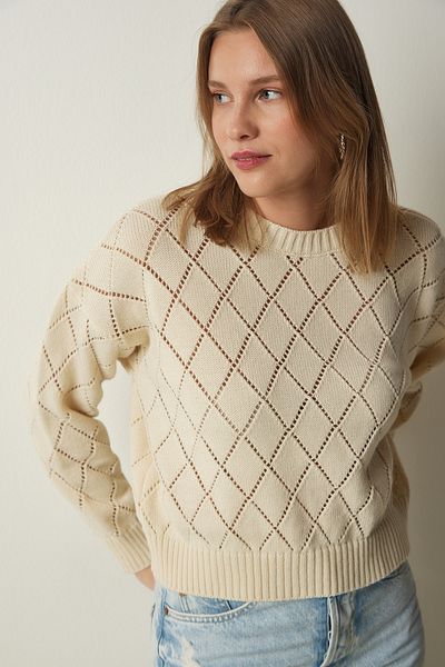 Lovelyİstanbul Openwork Patterned Diamond Knitwear Sweater - Cream Lnf0002