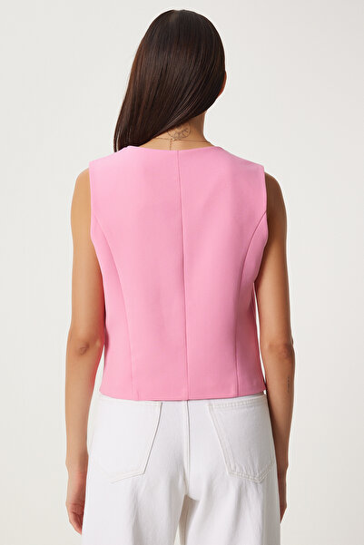 Lovelyİstanbul Ροζ υφαντό γιλέκο με λαιμόκοψη - Llv0004