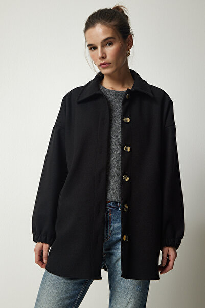 Lovelyİstanbul Jachetă de cămașă neagră supradimensionată - cu nasturi și buz...