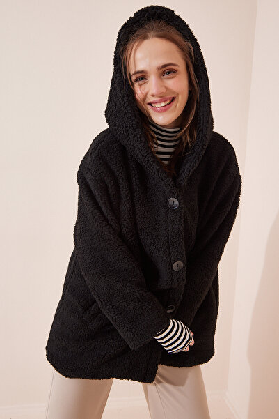 Lovelyİstanbul Μαύρο βελούδινο παλτό - με κουκούλα, Lrv0040