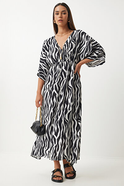 Lovelyİstanbul Καλοκαιρινό μακρύ φόρεμα βισκόζης με βαθύ V λαιμόκοψη ΜΑΥΡΟ ΛΕΥΚΟ LCI0002