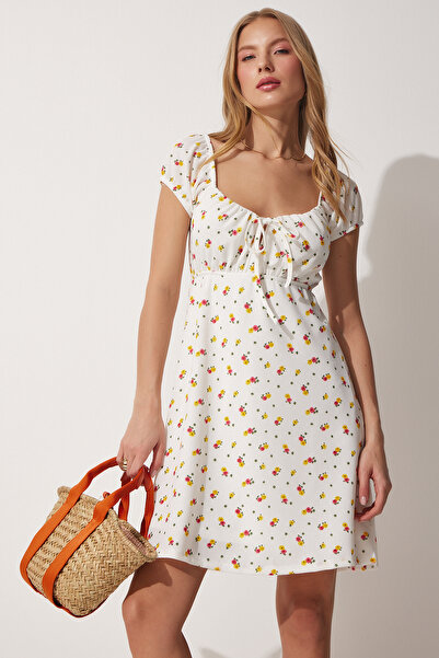 Lovelyİstanbul Μίνι Πλεκτό Φόρεμα Carmen Collar - Floral, Καλοκαίρι, Εκρού Lu...