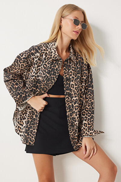Lovelyİstanbul Черна габардин риза с леопардов шарен дизайн от норка - LRV0075