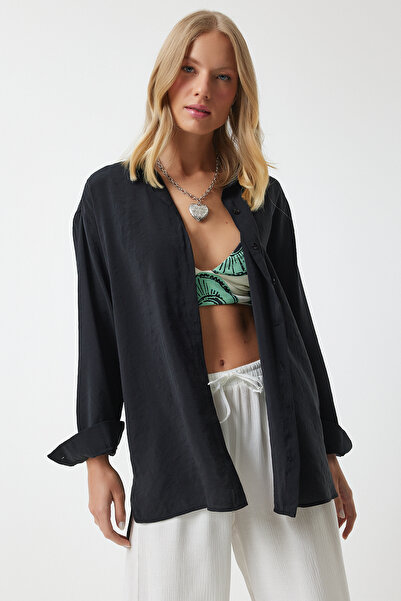 Lovelyİstanbul Μαύρο λινό υπερμεγέθη πουκάμισο - Long Ayrobin Lto0015