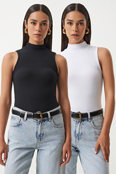 Lovelyİstanbul 2 Πακέτα Αμάνικη Πλεκτή Μπλούζα με ζιβάγκο Μαύρο Λευκό Lgt0001