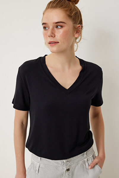 Lovelyİstanbul Μαύρο T-shirt V-Neck Basic Viscose - Len0001