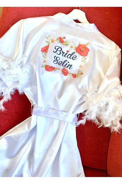 bridebyvictoria Red Poppy Sleeves Feathered Bride Dressing Gown Bridal Dressing Gown Bride To Be with Belt Gift