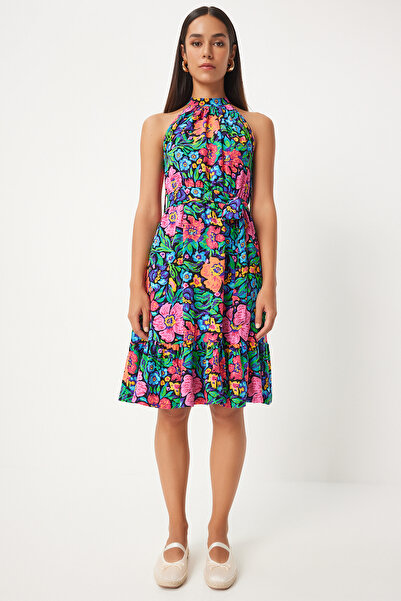 Lovelyİstanbul Ροζ Μπλε Μίντι Φόρεμα - Φλοράλ στάμπα και Ζώνη Lan0007