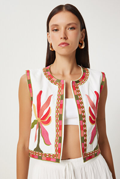 Lovelyİstanbul ECRU RED Crop λινό γιλέκο - με λεπτομέρεια κεντήματος, LQS0001