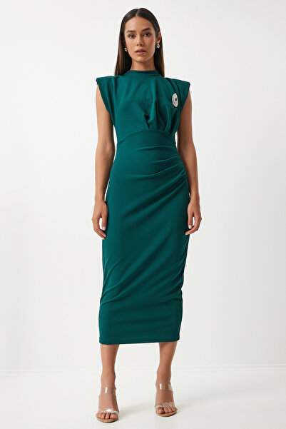 Lovelyİstanbul Σμαραγδένιο Πράσινο Πλεκτό Φόρεμα - Καρφίτσα & Κορδόνι, Lde0001