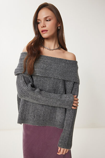 Lovelyİstanbul Anthracite Open Shoulder Knitwear Sweater - Lpf0005