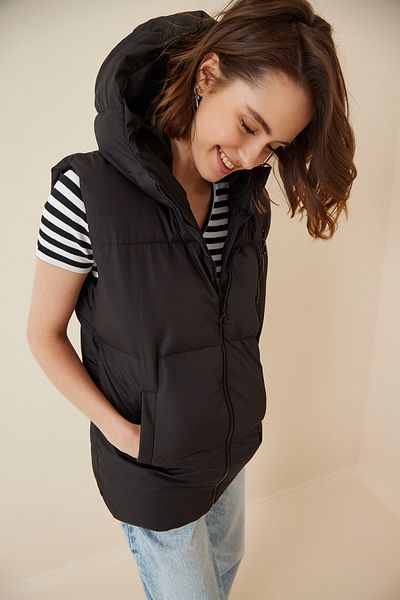 Lovelyİstanbul Long Oversize Hooded Puffer Vest - Black Lci0007