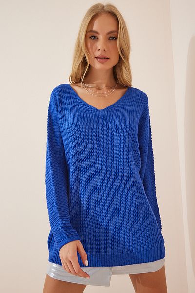 Lovelyİstanbul Pulover de tricotaj supradimensionat din tricot Thessaloniki cu decolteu în V ALBASTRU LZA0007