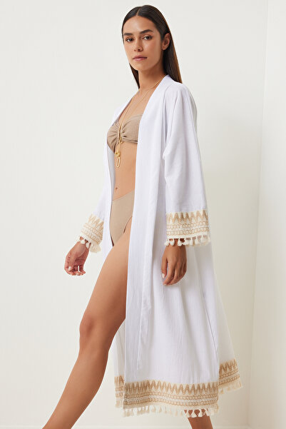 Lovelyİstanbul Λευκό λινό κιμονό - Μακρύ, Φούντα Guipure Λεπτομέρεια, Loh0001