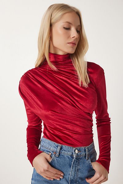 Lovelyİstanbul Red Stylish Velvet Blouse - Drawstring Neck, Lff0019