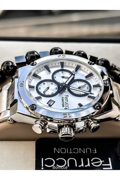 Ferrucci 45mm Case,Functions Active,Silver Steel Band, White Dial Calendar Men's Wristwatch Bracelet