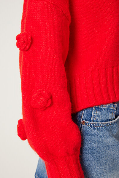 Lovelyİstanbul Piros pompon virágmintás kötöttáru kardigán - LPF0045