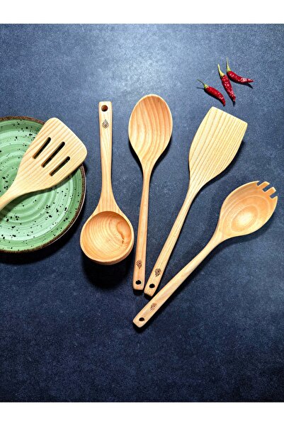 Handcraft 5 Piece Handmade Oiled Antique Plane Tree Wooden Spoon & Spatula Wooden Kitchen Set