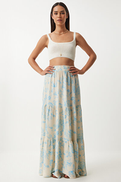 Lovelyİstanbul Fusta din viscoza cu volan cu model floral albastru crem Ldd0015