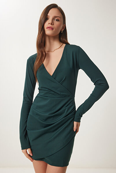 Lovelyİstanbul Anvelop Yaka Vücudu Saran Şık Dokuma Elbise ZÜMRÜT YEŞİLİ LUB0014