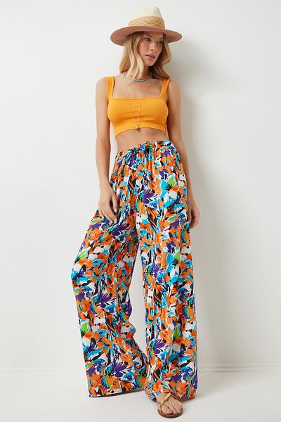 Lovelyİstanbul Pantaloni Palazzo din viscoză - cu modele, drapate, albastru deschis și portocaliu Len0003