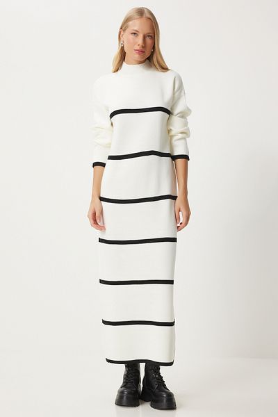 Lovelyİstanbul Ecru Black Thick Striped Loose Knitwear Dress - Ldd0066