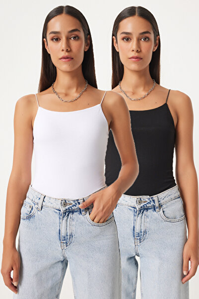 Lovelyİstanbul Bluză tricotată cu bretele duble alb-negru - Lld0001