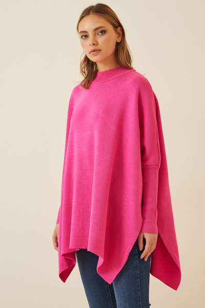 Lovelyİstanbul سترة بونشو ذات فتحة جانبية باللون الوردي الداكن - Lyy0016