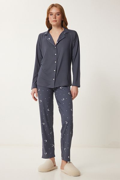 Lovelyİstanbul Knitted Pattern Pajamas Set - Bottoming Shirt and Top Set Anthracite Lpq0008