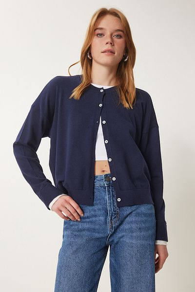 Lovelyİstanbul Cardigan din tricot bleumarin - Detaliu dungi contrastante, LUS0059