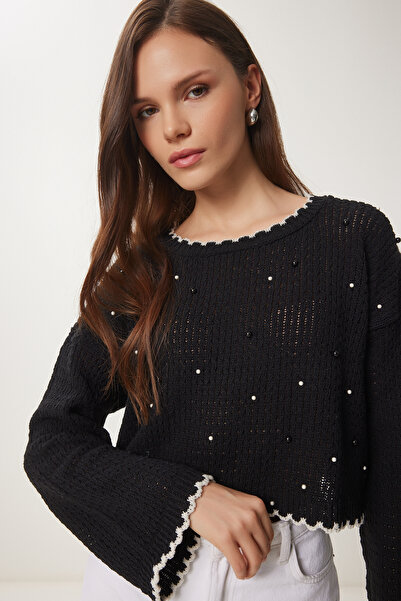 Lovelyİstanbul Pulover de tricotaj crop sezonier ajurat perlat negru Lmc0022