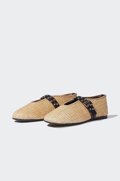 DeFacto Damen-Ballerinas aus Stroh mit doppeltem Band und flacher Sohle E7180ax25sp