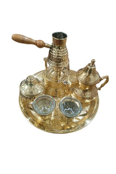 Kanka Turkish Coffee set,9 Pieces Of Pure Copper Stove, Teapot, Coffee Pot,sugar bowl,Tray, 4 Cups